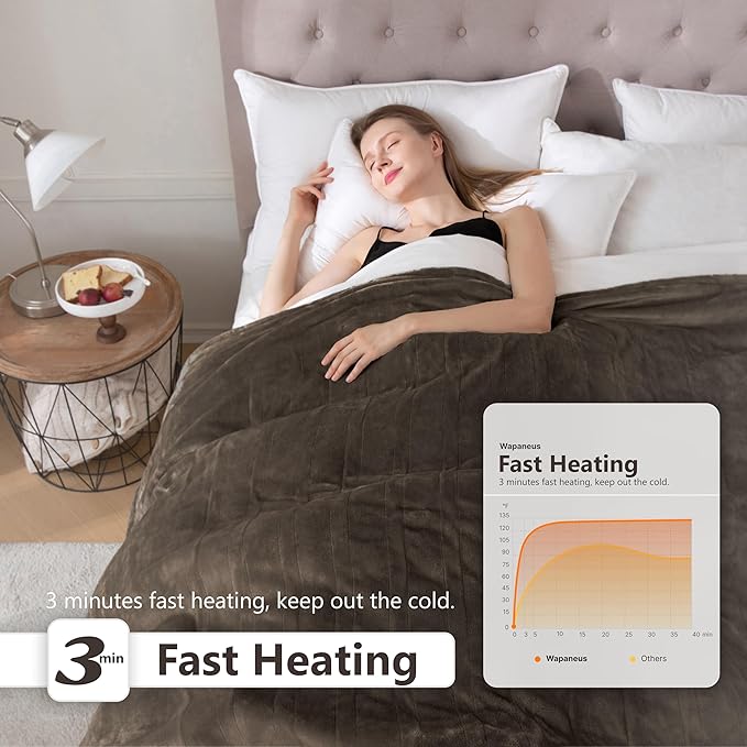 Wapaneus Heated Blanket Electric Queen Size 84"x90"-Dual Control with 10 Heat Levels 12 Timer Settings and 8 Hours Auto-Shut Off,Fast-Heating Electric Blanket,ETL Listed Machine Washable,Dark Brown