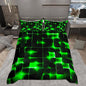 Castle Fairy Bedding Set King Size for Teens,3D Modern Abstract Square Grid Comforter Cover with 2 Pillowcases,Green Neon Light Geometric Print Duvet Cover Set Microfiber Quilt Cover