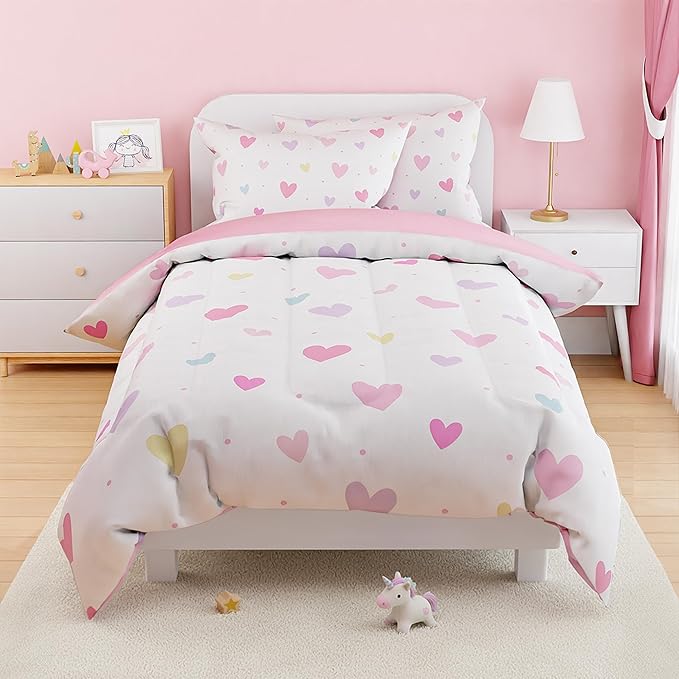 SANDJEST Heart Comforter Set Full Size 98x86in for Kids Girls, Microfiber 4 Pcs Bedding Set Includes 1 Comforter, 2 Pillowcases, 1 Fitted Sheet, Nursery Room Decor