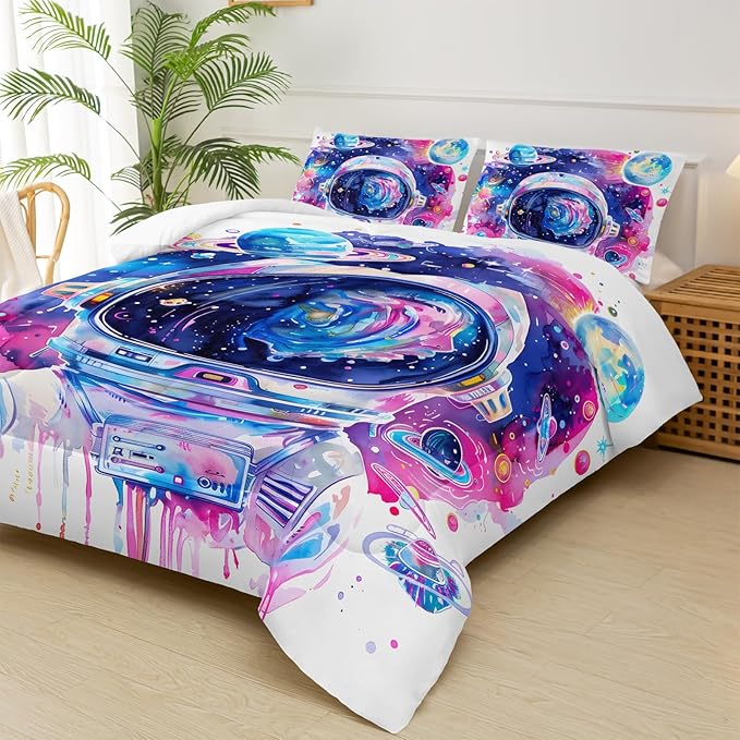 Kids Pink and Blue Astronaut Galaxy Comforter Set Queen，Outer Space Themed Queen Size Bedding Set，with 1 Comforter with 2 Pillow Case，Astronaut Bedroom Decor for Boys
