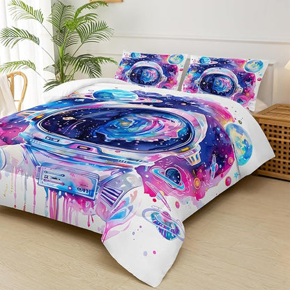 Kids Pink and Blue Astronaut Galaxy Comforter Set Queen，Outer Space Themed Queen Size Bedding Set，with 1 Comforter with 2 Pillow Case，Astronaut Bedroom Decor for Boys