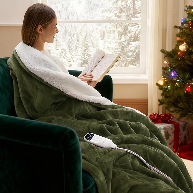 Bedsure Heated Blanket Throw Blanket - Fast Heating Electric Blanket, Soft Flannel Heated Throw with 4 Time Settings, 6 Heating Settings, Warm Gifts for Grandma (50x60 inches, Olive Green)