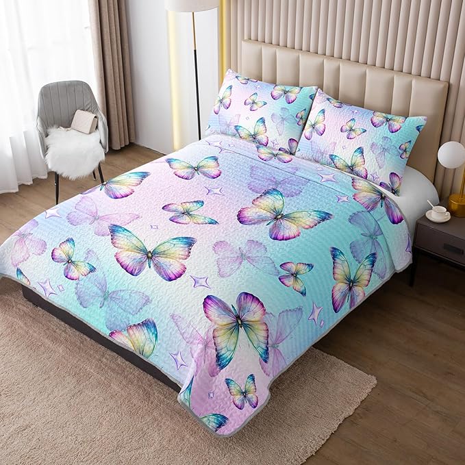 3-Piece Butterfly Quilt Set Full Size,Blue Butterfly Printed Bedding for Kids Teens Girls Room Decor,Soft Lightweight Quilted Quilt Sets with 2 Pillowcases.