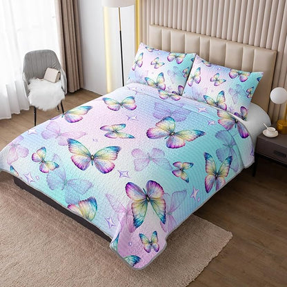 3-Piece Butterfly Quilt Set King Size,Blue Butterfly Printed Bedding for Kids Teens Girls Room Decor,Soft Lightweight Quilted Quilt Sets with 2 Pillowcases.