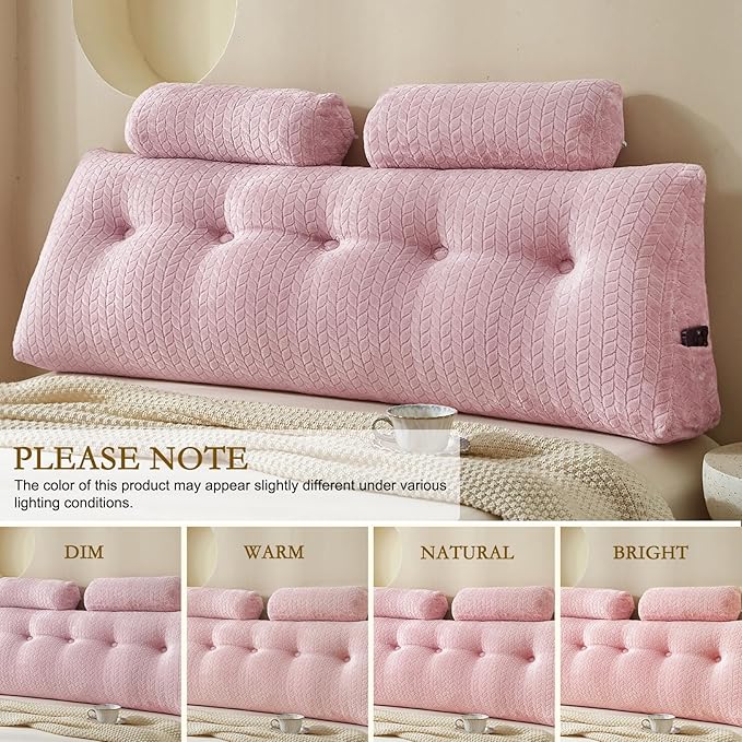 YOUR MOON Wedge Headboard Pillow Full with 2 Pack Neck Roll Pillows, Triangular Wedge Backrest Pillow Headboard for Bed,Daybed,and Lounging, Large Bed Bolster Pillows,Pink