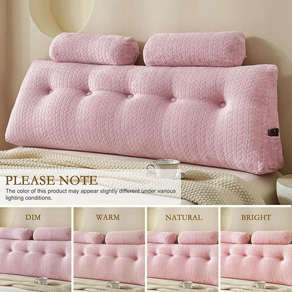 YOUR MOON Wedge Headboard Pillow Full with 2 Pack Neck Roll Pillows, Triangular Wedge Backrest Pillow Headboard for Bed,Daybed,and Lounging, Large Bed Bolster Pillows,Pink