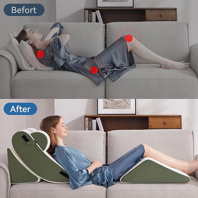 Wedge Pillow Set for After Surgery, 4 PCS Bed Wedge Pillow for Sleeping, Memory Foam Orthopedic Back Pillow for Pain Relief and Acid Reflux, Adjustable Post Surgery Pillow Green