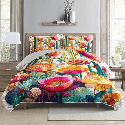 AILONEN Cactus Quilt Full Size Bedding Set & 2 Pillowcases,Colorful Floral Plants Bedspread Coverlet,3Pcs Desert Botanical Quilt Set for Boys Girls,All Season