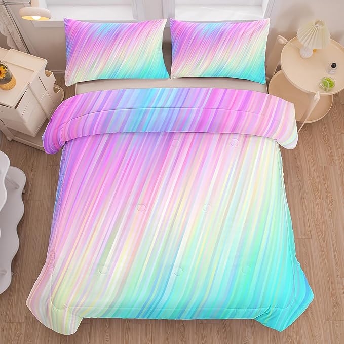 Bodhi Pink Queen 3PCS Rainbow Bedding Set with Pillowcase, Tie Dye Kids Bedding Set for Girls, Queen Comforter Set