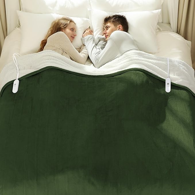 Heated Blanket Queen 84" x 90" - Flannel Sherpa Electric Blanket Queen Size with Dual Control, 5 Heating Levels & 10 Hours Auto Off, Heating Blanket with Overheat Protection for Home (Green)