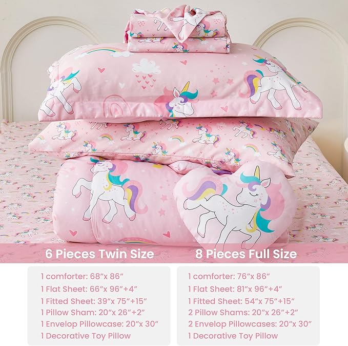 Mooreeke Twin Size Comforter Sets for Girls Kids, 6 Pieces Bed in a Bag Heart Rainbow Unicorn Bedding Comforter Sheet Set with Shams and Decorative Toy Pillow, Ultral Soft Microfiber Kids Bed Set