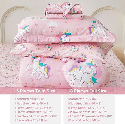 Mooreeke Twin Size Comforter Sets for Girls Kids, 6 Pieces Bed in a Bag Heart Rainbow Unicorn Bedding Comforter Sheet Set with Shams and Decorative Toy Pillow, Ultral Soft Microfiber Kids Bed Set