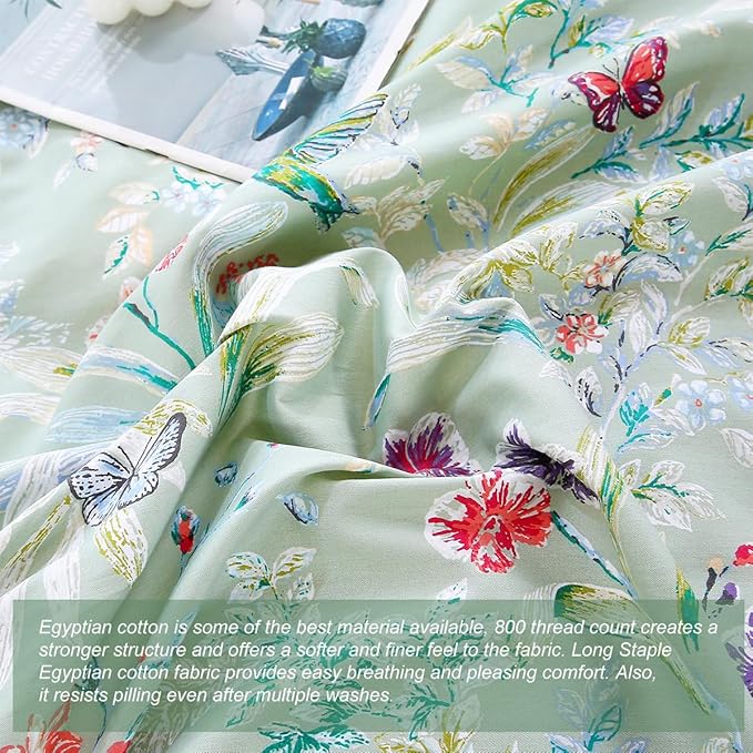 URBONUR Green Floral Duvet Cover Set King Size 100% Egyptian Cotton Bedding Set Farmhouse Butterfly Print Comforter Cover with Button Closure (3Pcs, King)