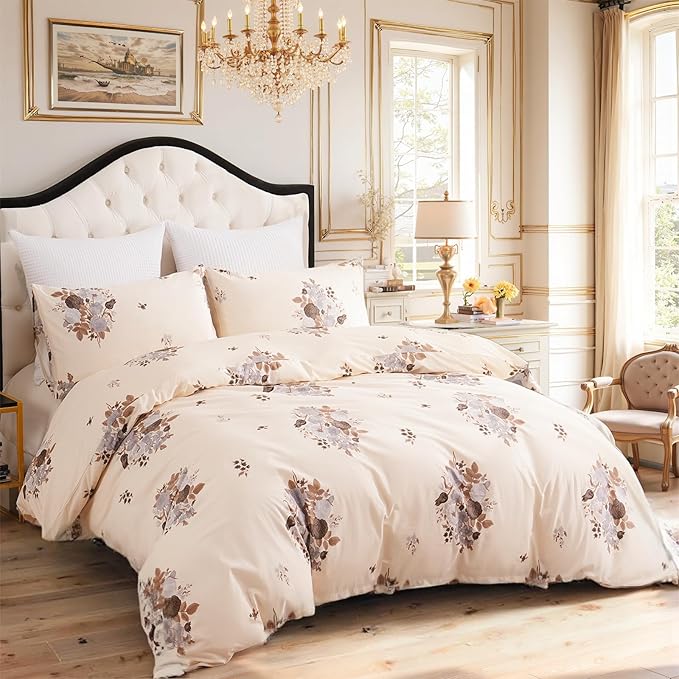 Cream Floral Duvet Cover Queen Size - 100% Cotton Comforter Cover Elegant Flower Botanical Duvet Cover Sets 3-PC, Breathable Duvet Cover with Zipper Closure & Corner Ties
