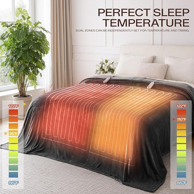 Heated Blanket Queen Size with Dual Control, Electric Blanket Double-Layer Flannel, Heating Blanket with 8 Heating Levels & 10 Hours Auto-Off Machine Washable, ETL Certification (Dark Grey, 84" x 90")
