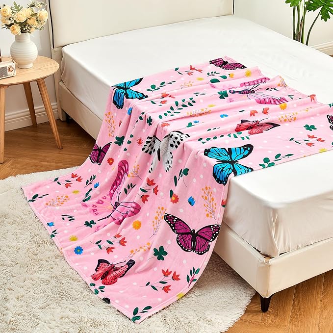 Butterfly Kids Throw Blanket for Girls Teens Toddler Pink Soft Fuzzy Flannel Bed Blanket Colorful Flowers Birthday Gifts for Women Girls Kids Teens Adults, 60”x80”
