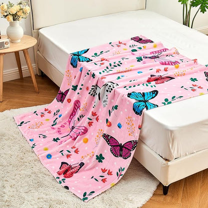 Butterfly Kids Throw Blanket for Girls Teens Toddler Pink Soft Fuzzy Flannel Bed Blanket Colorful Flowers Birthday Gifts for Women Girls Kids Teens Adults, 60”x80”