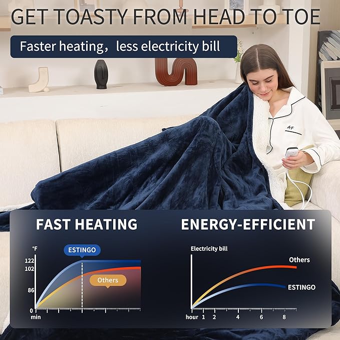 ESTINGO Heated Blanket Full Size, Soft Heated Electric Blanket with Timer 6 Heating Levels & 1-10 Hours Auto Off, Fast Heating & Overheat Protection, 72" x 84", Navy Blue