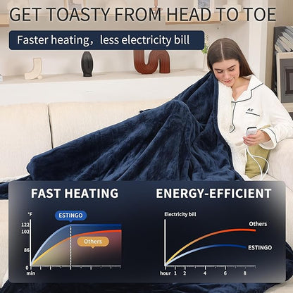 ESTINGO Heated Blanket Full Size, Soft Heated Electric Blanket with Timer 6 Heating Levels & 1-10 Hours Auto Off, Fast Heating & Overheat Protection, 72" x 84", Navy Blue
