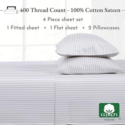 California Design Den Printed King Size Sheets Set - 400 Thread Count, Soft Sateen, Natural 100% Cotton Sheets Set, Deep Pockets, and Durable Bedding - Pinstriped