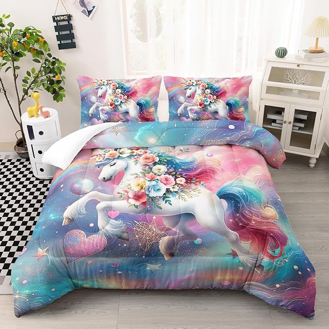 Unicorn Full Size Comforter Set for Girls, Dreamy Unicorn with Flowers Bedding Set, Girl Room Decor with 2 Pillowcases