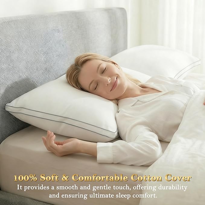 Feather Pillows Queen Size Set of 2 Goose Down Pillows with 100% Breathable Cotton Cover, Hotel Collection Bed Pillows for Sleeping, Soft Support for Back, Stomach and Side Sleepers