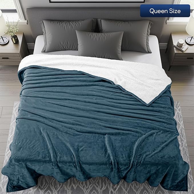 Utopia Bedding Sherpa Blanket Queen Size (Stone Blue, 90x90 Inches) - Soft Lightweight Plush Fleece Reversible Blanket for Bed, Sofa, Couch, Camping and Travel