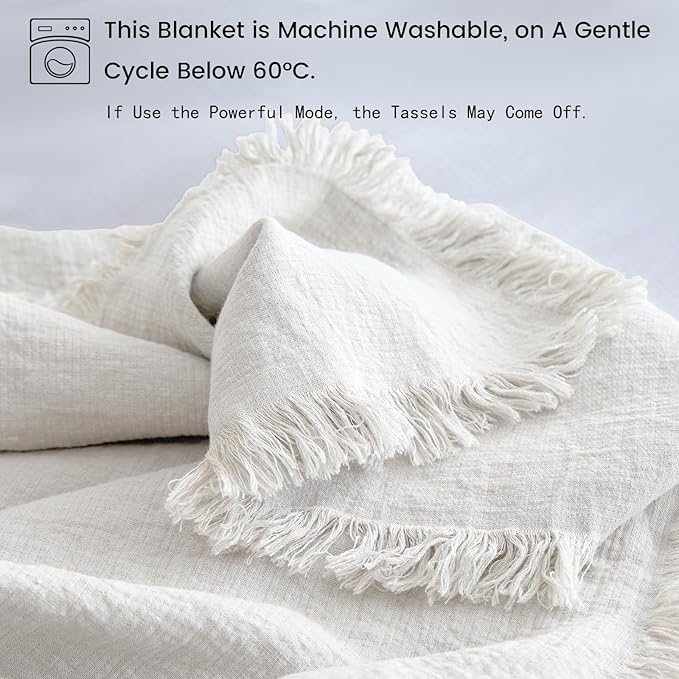 Simple&Opulence 100% Linen Throw Blanket 55x75 inches, Farmhouse Boho Tassel Blanket for Couch, Bed, Sofa, Breathable Natural Cozy Décor, White ﻿