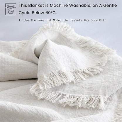 Simple&Opulence 100% Linen Throw Blanket 55x75 inches, Farmhouse Boho Tassel Blanket for Couch, Bed, Sofa, Breathable Natural Cozy Décor, White ﻿
