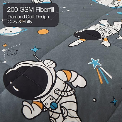 JSD Grey Astronaut Kids Comforter Set Twin Size, 2 Piece Space Theme Microfiber Comforter with Pillow Sham, Lightweight All Season Washable