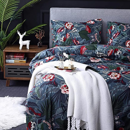 Floral Duvet Cover King Size Striped Green Botanical Bedding Set with Red Flower 3 Pieces Palm Leaf Soft Microfiber Reversible Duvet Cover Set for Men Women