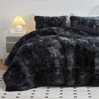 Wajade Faux Fur Plush Black Comforter Set Fluffy Fuzzy Shaggy Bedding Set - 3PC Full/Queen Microfiber Soft Warm Quilt Set