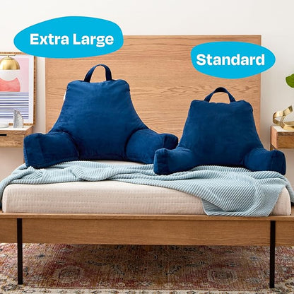 LINENSPA Reading Pillow with Shredded Memory Foam- Back Pillow for Sitting in Bed, Reading, Gaming, Watching TV – Bed Chair Pillow with Arms, Dorm Room Essentials, Navy