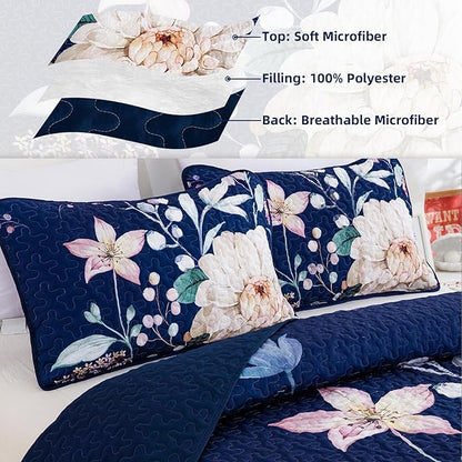 Drucon Floral Quilt Queen Size - 3 Pieces Navy Blue Quilt Botanical Bedspread Soft Lightweight Flower Bedding Set for All Season (96"x90")
