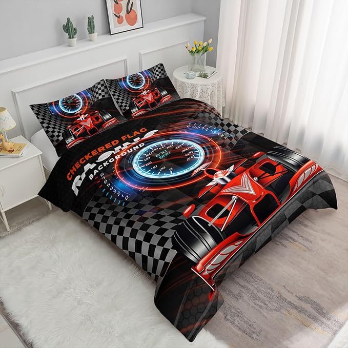 3D Racing Car Comforter Set Extreme Sports Printed Bedding Set with 1 Comforter and 2 Pillowcases for Boys and Girls Bedroom All Season(Car-3 Full)