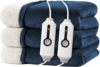 Electric Heated Blanket Queen Size 84"x90" - Dual-Sided with Microplush & Sherpa Fabric, 4 Heat Settings & 10 Hours Auto Off, Dual Controller, Machine Washable - Dark Blue