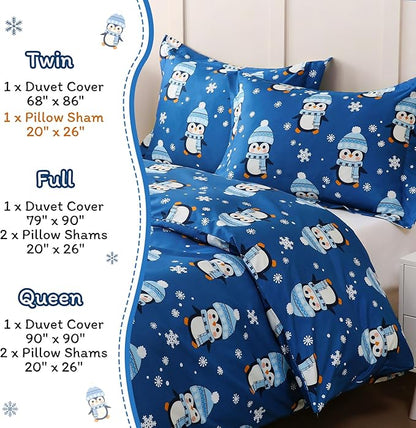 JSD Penguin Snowflakes Kids Christmas Duvet Cover Set Queen Size, 3 Piece Xmas Comforter Cover with Pillow Sham Zipper Closure, Comforter Not Included