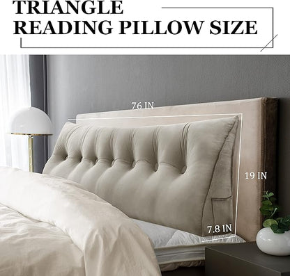 Wedge Headboard Pillow Dorm Room Reading Pillow Back Support for Sitting Up in Bed Bolster Lumbar Cushion Body Positioning Bedrest Velvet 76in Light Tan King