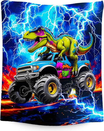 Dinosaur Blanket for Boys, Truck Blanket with Lightning, Truck Gifts for Kids Toddler, Fluffy Flannel Throw for Son Grandson, 30"x40"