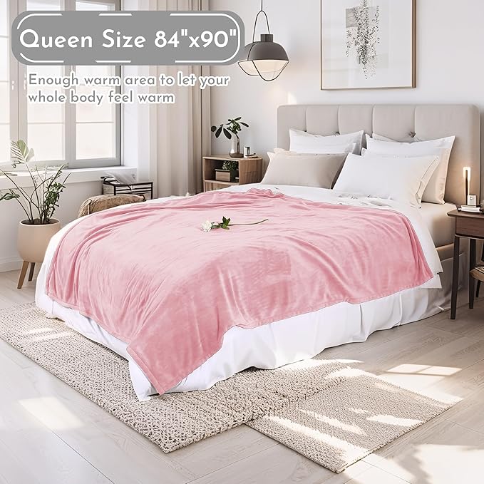 Electric Heated Blanket 84"x90" Queen Size Flannel Heated Blanket, Cozy & Warm for All Night, 4 Heat Settings & 10 Hours Auto Off, Machine Washable-Light Pink