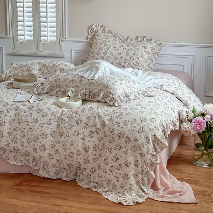 BuLuTu Gauze Cotton Floral Duvet Cover Full, Vintage Floral Pattern Comforter Cover Teens Girls Quilt Cover Full with Ruffles, Ultra Soft Breathable Bedding Set, Pink Poeny Pattern