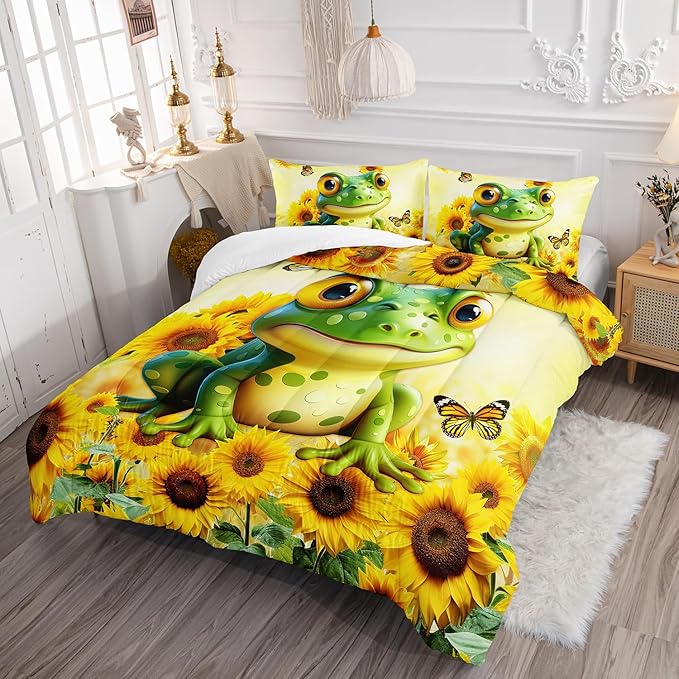 Cartoon Green Frog Comforter 3Pcs Full Yellow Sunflower Butterflies Bedding Set for Kid Teen Girl Boy Adult 3D Wild Animal Botanical Pattern Quilt Bed Decor with 1 Comforter and 2 Pillowcases
