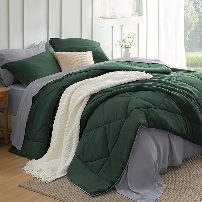 Bedsure Twin Comforter Set - 5 Pieces Reversible Forest Green Bedding, Twin Size Bed Set for All Seasons, Bed in a Bag with Down Alternative Comforter, Sheets, Pillowcase & Sham