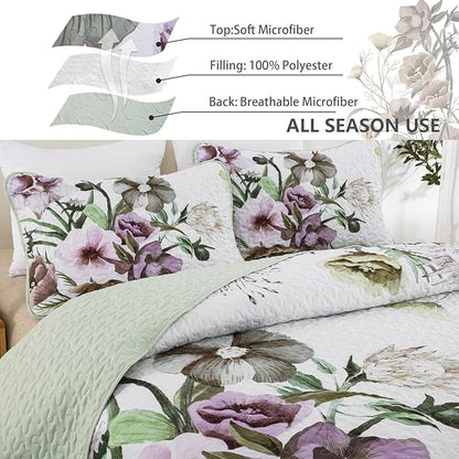 Floral Quilt Set Full 3 Pieces Boho Green Floral Quilt Coverlet Set Soft Microfiber Lightweight Green Quilted Bedspread for All Season 80"x90"