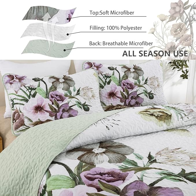 Floral Quilt Set King 3 Pieces Boho Green Quilt Coverlet Set Soft Microfiber Lightweight Green Floral Quilted Bedspread for All Season 104"x90"