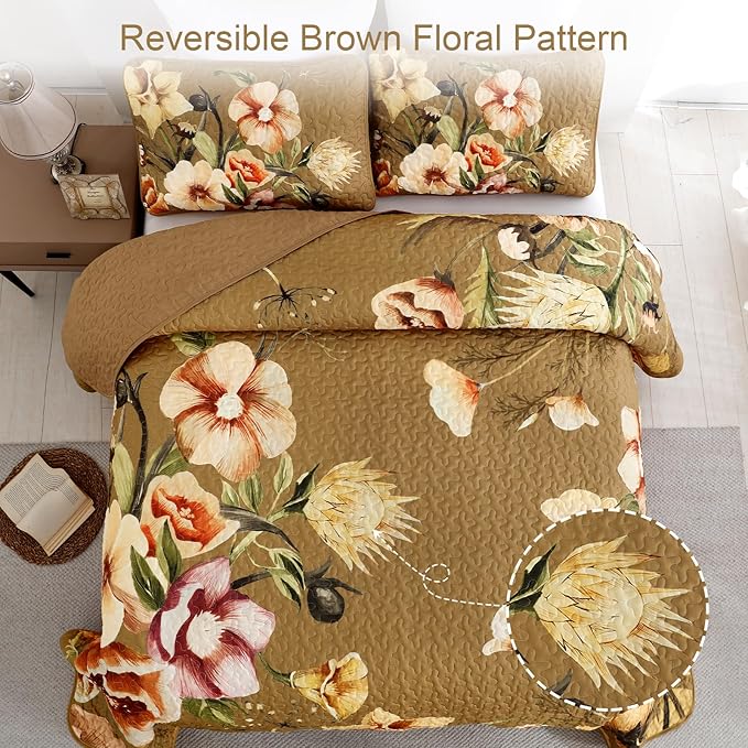 Drucon Brown Floral Quilt Set King Size 3 Pieces Brown Botanical Flower Quilt Coverlet Set Soft Microfiber Lightweight Quilted Bedspread for All Season 104"x90"
