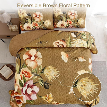 Drucon Brown Floral Quilt Set King Size 3 Pieces Brown Botanical Flower Quilt Coverlet Set Soft Microfiber Lightweight Quilted Bedspread for All Season 104"x90"