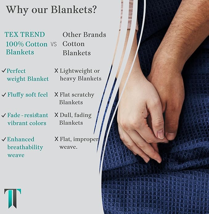 Tex Trend 100% Cotton Blankets King Size – Durable and Versatile Waffle Weave Blankets for Christmas & Year Round Coziness – Breathable & Lightweight - Navy Blue (90”x108”)