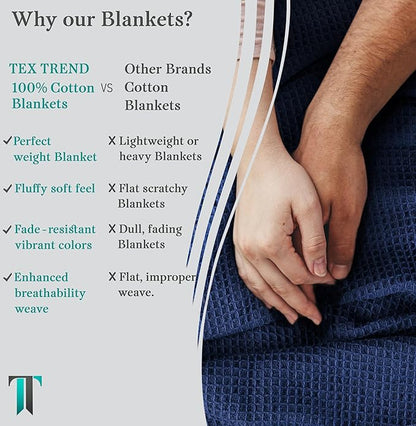 Tex Trend 100% Cotton Blankets King Size – Durable and Versatile Waffle Weave Blankets for Christmas & Year Round Coziness – Breathable & Lightweight - Navy Blue (90”x108”)