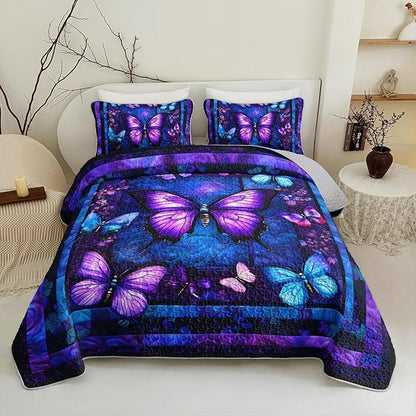 QOOMO Purple Butterfly Quilt Set King Size,Butterfly Bedspread Coverlet Set,Butterflies 3Pcs Bedding Set Printed Quilt with 2 Pillowcases,Soft and Lightweight,for All Seasons